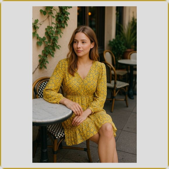 Yellow Floral Long Sleeve Ruffle Hem Mini Dress Size M - Picture 3 of 5